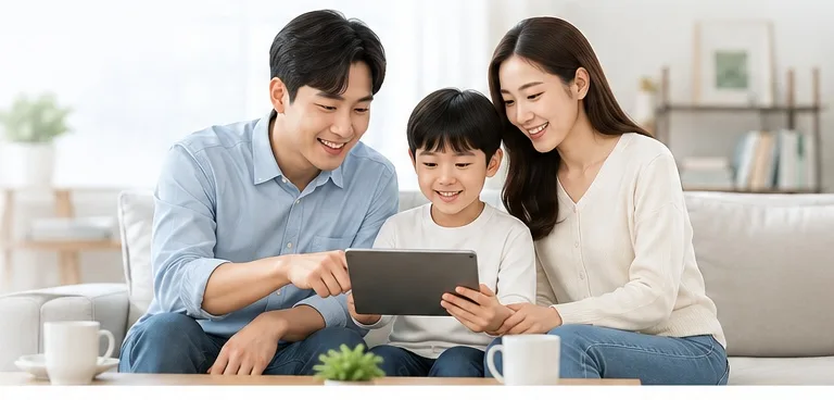 가족이 함께 태블릿으로 보험 정보를 확인하는 모습